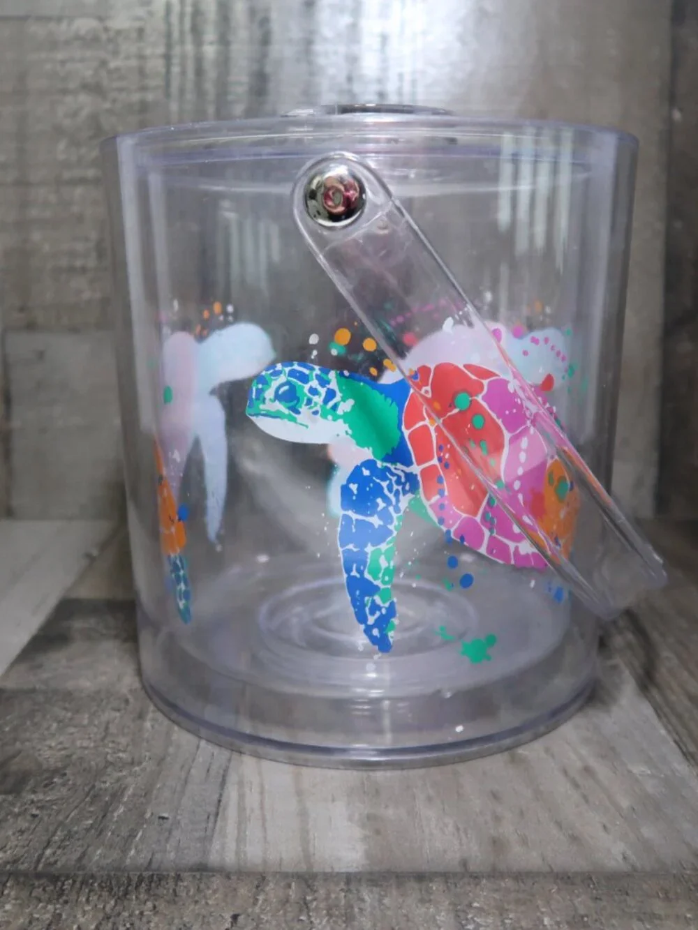 Vintage Lucite Tropical Sea Turtle Ice Bucket with Handle Clear Lid Acrylic